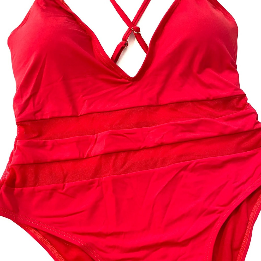 Red Criss-Cross Back Mesh Detail One Piece